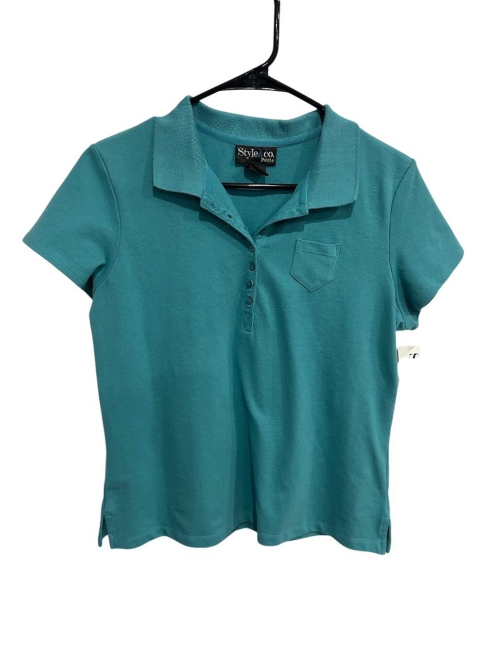 Style & Co Petite Dusty Aqua Polo Shirt Size L Short Sleeve Cotton Blend Chic NW